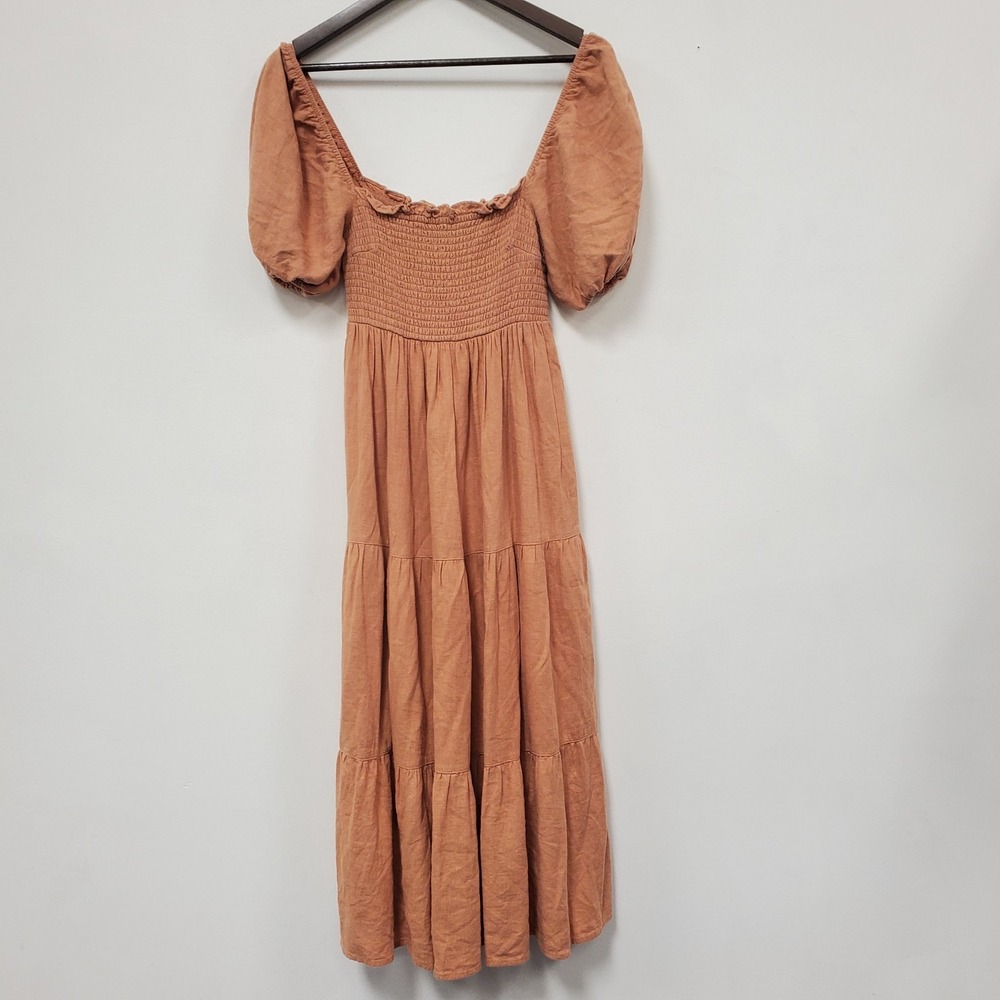 Abercrombie & Fitch Linen Smocked Maxi Dress Orange Puff Sleeve Tiered Pockets S